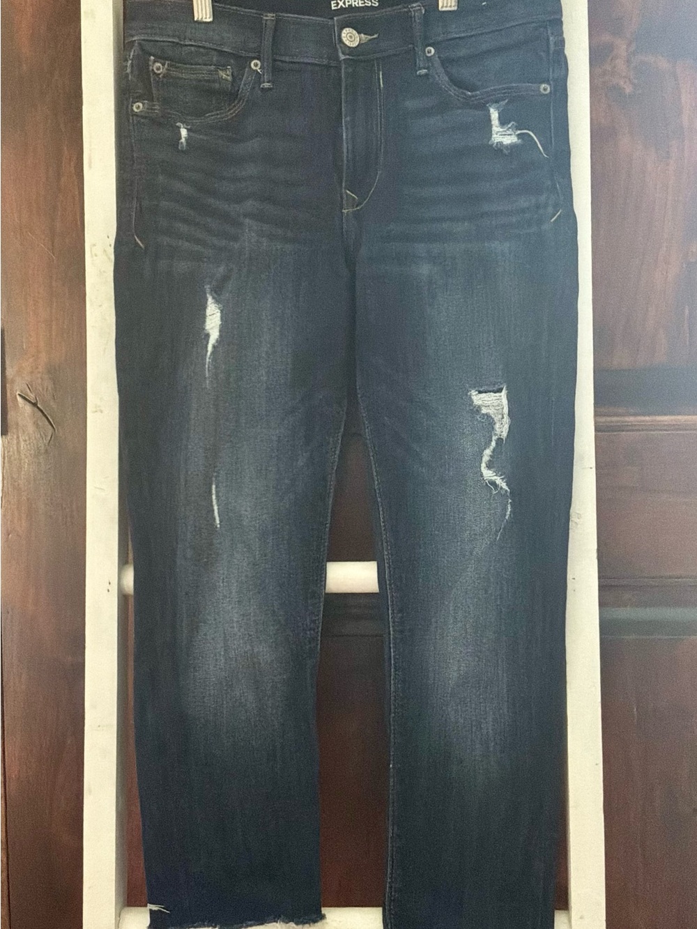 Express Straight-Leg Distressed Jeans - Dark Blue
